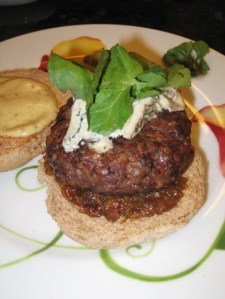Andouille & Beef Burgers with Caramelized Onions & Blue Cheese