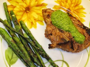 Lamb Chops with Green Herb Chutney & Grilled Asparagus