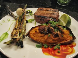 Vietnamese Pork Chops with Twice-Baked Sweet Potatoes Topped with Bacon Brittle