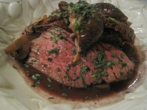 Hanger Steak with Mushrooms in Red Wine Sauce
